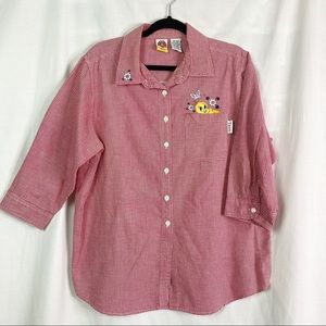 Vintage 90’s Looney Tunes Tweety Bird Red White Gingham Check Button Up Top XL